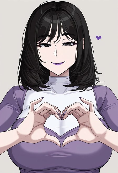 1girl, solo, medium build, medium hair, sfw, safe for work, covered skin, flowy dress,  black eyes, purple lipgloss, smiling, portrait, upper body, heart hands, foreshortening, detailed, newest, hellap