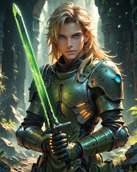score_9, score_8_up, score_7_up, intricate details, rating_questionable, fantasy setting,
<lora:homri52:1>,
<lora:Plasma_Sword:1>,
1boy(human, young man, pale skin, long hair, blond hair, blue eyes, swedish, science fiction, mercenary, holding a plasma sword, glowing green Plasma Sword, crackling green energy around the sword, solo, cowboy shot), alien battlefield, craters, trenches, detailed background, depth of field, 
4k,
<lora:ral-chrosc-clr:0.5>, ral-chrosc-clr,
<lora:Expressive_H:0.5>
<lora:xl_more_art-full_v1:0.3>,
<lora:add-detail-xl:0.3>,