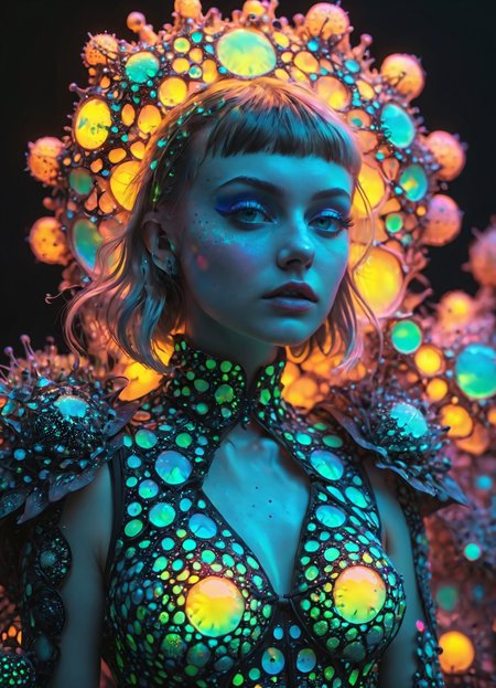 Ombre color scheme of neon pink, neon blue, neon yellow, neon green, neon orange, woman wearing Fashion designs inspired by radiolarians <lora:EnvyTrypophobiaXL01:0.4> trypophobia <lora:IOS_Iridescent_opal_style:0.6> <lora:MJ52:0.6>, subsurface scattering, Photorealistic, Hyperrealistic, analog style, realistic, film photography, soft lighting, heavy shadow, Ombre color scheme of neon orange, neon pink, neon blue, neon yellow, neon green,