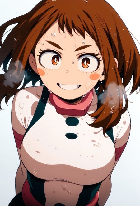 flatshinyskin, score_9, score_8_up, score_7_up , 1girl, 1girl, mosaic censoring, smile, slight seductive pose,, medium breasts, sweating, breasts,, long skirt, 1girl, solo focus, Upper body, hands behind back,  wet, sweaty, sweating, steam
ochako_uraraka, 1girl, score_9, score_8_up, score_7_up, brown hair, brown eyes, white pupil, blush stickers, bodysuit, simple background, solo focus, perfect body, curvey, thick waist, thick body, skin tight dress, , front view, front focus, looking at viewer, seductive expression, smile, teeth,  ANIMESTYLE
 adult, oval face shape, long forehead bangs, milf, ADULT, long forehead bangs, bangs over eye,