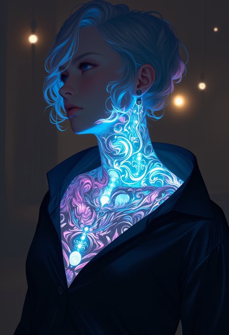 An alien diplomat in an intergalactic council room, with bioluminescent tattoos in geometric, hieroglyphic patterns that glow in shades of teal and magenta. The tattoos communicate emotions and social status in light patterns that shift based on their mood, giving the impression of a living language on their skin, blending culture with advanced technology.  bio ink