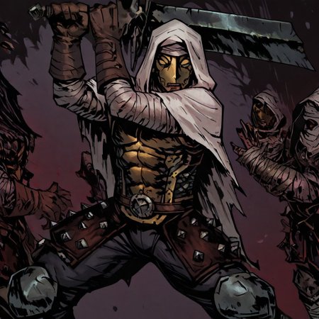 masterpiece, best quality, newest, absurdres, highres, TTCSV1.0,
solo, solo focus, 1boy, DDLEP-V1.0, armor, mask, metal mask, golden mask, gloves, brown gloves, bandages, hood, hood up, abs, holding, holding sword, sword, weapon, holding weapon, dynamic pose, combat stance,