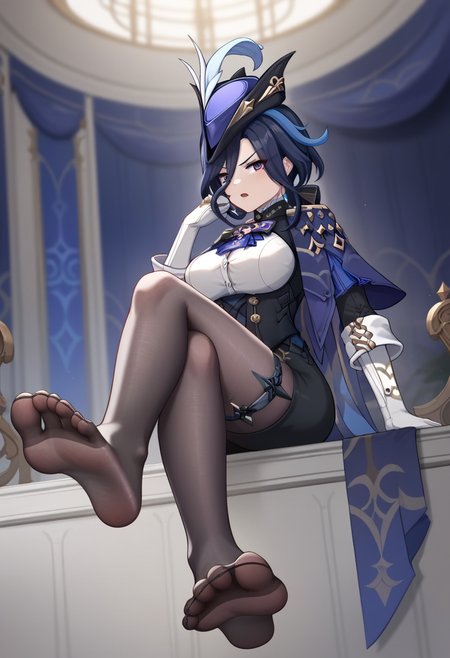score_9,score_8_up,score_7_up,<lora:clorinde_pony:1>,1girl, solo, indoors, hand_up, sitting, large_breasts, toes, highres, black_corset, no_shoes, black_skirt, hat_feather, crossed_legs, elbow_gloves, dangle_earrings, glaring, thigh_strap, blue_hat, white_shirt, black_pantyhose, epaulettes, blue_cape, fold-over_gloves, commentary_request, clorinde_\(genshin_impact\), open_mouth, presenting_foot, foot_focus, looking_at_viewer, pencil_skirt, foreshortening, soles, high-waist_skirt, white_gloves, tricorne, framed_breasts