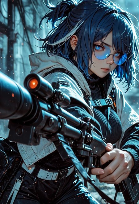 highres, very detailed, amazing quality, masterpiece,
very aesthetic,
particle effect,
1girl, Andreana from Arknights, large breasts, curvy, short hair, streaked hair, blue hair, white hair, short ponytail, blue eyes, round eyewear on eyes, blue-tinted eyewear, white jacket, hooded jacket, hood down, open jacket, layered sleeves, short over long sleeves, black sweater, turtleneck sweater, black pants, white belt, black bag, fanny pack,
Aiming a sniper, holding a sniper rifle, looking at viewer, 
Close up, depth of field, ray_tracing, cowboy shot, extreme foreshortening, very aesthetic, cinematic,
