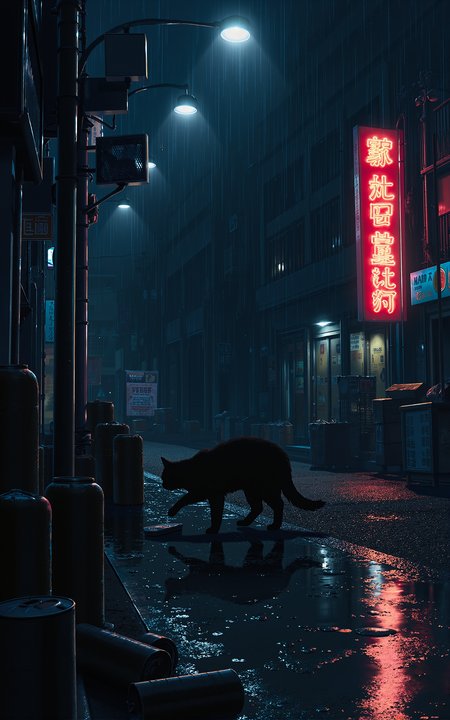 A black cat rummaging through discarded cans for food on a rainy night,realistic style. The street is dimly lit by a single flickering lamp post casting long shadows,raindrops glistening on the wet asphalt. The cat is sleek and soaked,its fur clinging to its slender frame as it paws at a rusty can. Reflections of neon signs shimmer in puddles nearby,suggesting an urban alleyway behind a row of closed shops. Trash bags and cardboard boxes are scattered around,creating a gritty atmosphere. Soft mist lingers near the ground,and droplets are caught mid-fall,illuminated by the sparse lighting.,<lora:kanime-01:0.8>,kanime,anime,Shinkai Makoto style,