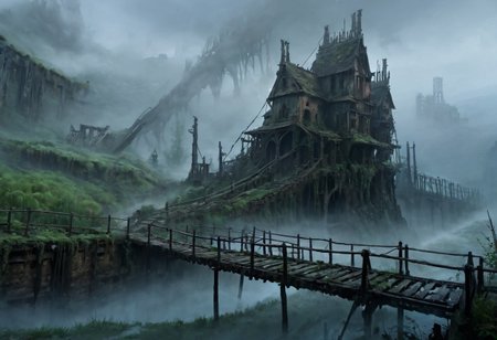 masterpiece, best quality, 4k, 
mysterios world of damned souls, ruines of houses and bridges, hills and poisoned creek, atmosphere of deepest loneliness, fog, epic