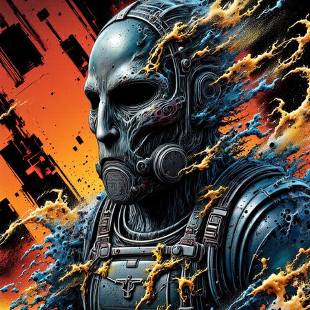 Zombie soldier wearing a biohazard gas mask, black and gold filigree, navy and gold vapor swirls, details in details