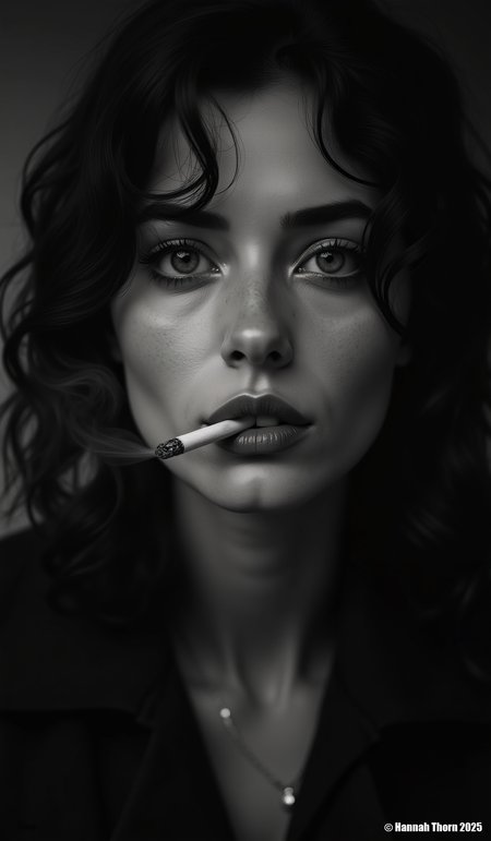 A woman with piercing eyes, defiance and vulnerability swirling within them, dominates this stark black and white portrait, a smoldering cigarette dangling from her lips like a punctuation mark. Inspired by the cinematic contrast of Herbert von Reijendam and the raw intimacy of Vivian Maier's street photography, the image evokes a vintage, film noir aesthetic. Dramatic chiaroscuro lighting, reminiscent of Caravaggio's dramatic interplay of light and shadow, sculpts her features, emphasizing the texture of her skin and hinting at a life etched beneath the surface. "by SPEED Q8" is subtly incorporated into the composition, a quiet signature on this evocative exploration of mystery and emotion.<lora:_Flux\_Photographer\Hemut_Newton_V2.safetensors:1.0000000000000002:1.0000000000000002>