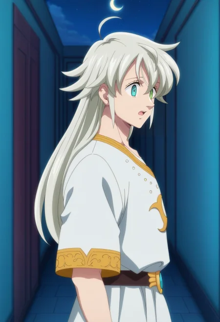 masterpiece, best quality, intricate details, anime screencap, anime coloring, official style,, 1boy, solo, male focus, <lora:tristan_liones_ilxl:0.92>, tristan_liones, grey hair, green eyes, long hair, ahoge, heterochromia, blue eyes, from side, corridor, night, crescent moon, standing, open mouth, greek costume