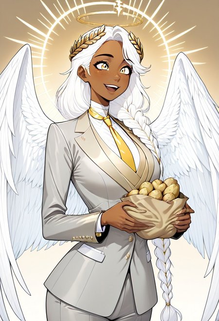 masterpiece, best quality, newest, absurdres, highres, FCOMV1.0, GABV2.0, 1girl, dark skin, dark-skinned female, grey suit, official attire, official clothes, nectie, yellow necktie, white hair, long hair, braid, single braid, angel, angel girl, halo, wings, angel wings, golden eyes, laurel crown, freckles, holding, holding potato, potato,