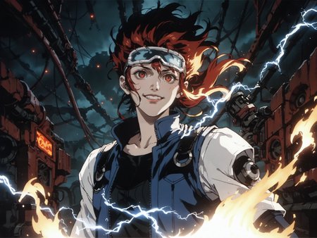 1girl, looking up, solo, half shot, glowing runes, evil smile, dynamic pose, dark clouds engineer, floating gears, blue leather vest with straps, techwear, goggles, red canyon in background, machines, steam, technology, soot, anvil, screen, levers, rivets, electricity, flames intense atmosphere, <lora:ScrollD:0.8>, score_9, score_8_up, score_7_up, zPDXL3