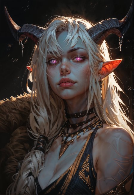 score_9, score_8_up, score_7_up, score_6_up,   detailed drawing, 1girl, portrait, beautiful, tiefling shaman, white hair, (long hair:1.3), side bangs, horns, barbarian, gladiator, war paint, tribal markings, long tail, blue skin, pink eyes, glowing eyes, (smug:0.85), dramatic lights, detailed, sharp lines, dynamic  <lora:Expressive_H-000001:0.6>, expressiveH  <lora:g0th1cPXL:0.4> <lora:incase_style_v3-1_ponyxl_ilff:0.3> <lora:sinfully_stylish_SDXL:0.4>