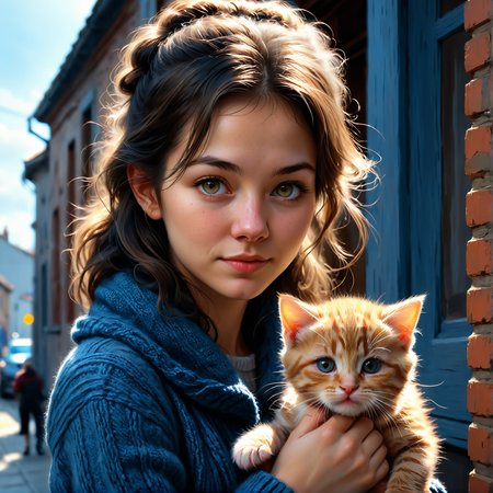 by Alexander Millar and Duy Huynh in the style of Mark Lovett, cute 18 year old woman and her kitten, digital painting <lora:digital_painting_envy01:1.00>  <lora:more_art:0.40><lora:clothing_slider:3.50><lora:extremely_detailed:2.50><lora:great_lighting:1.75><lora:aesthetic:1.75><lora:photorealistic_portrait:1.75><lora:looking_at_viewer:1.75><lora:attractive:-1.25><lora:RMSDXL_Enhance:1.00><lora:RMSDXL_Creative:1.00><lora:XDetail_heavy:0.50><lora:midjourney:0.15><lora:dpo:0.35><lora:add_detail:1.00><lora:faetastic:0.25>