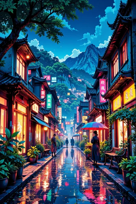 a mystical city beautiful landscape, rainy day, woman, very intricate, very detailed, sharp, bright, colorful, <lora:Hand v2:0.5> <lora:Anti-Blur:1><lora:Insane Detail Slider:0.25>  <lora:flux.1_lora_flyway_Epic-detail_v2:0.3> <lora:fluxenhancer:0.25> <lora:ROWER:0.6> <lora:flux-charmer-v1-1:0.4><lora:Vibrantly_Sharp_style_v.5:0.4> <lora:realanime:0.7> <lora:Chinese_Ink:0.3> chinese ink style