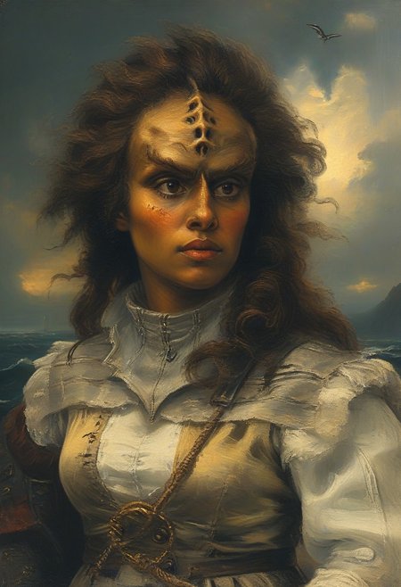 masterpiece, best quality, oil painting, illustration, style of Andreas Achenbach, portrait of a female kling0n alien pirate, forehead ridges, brown skin, nose ridges, large eyebrows
