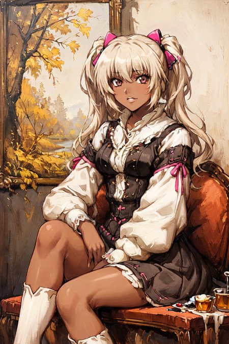 KilaKushan, 1girl, solo, looking at viewer, (dark-skinned female:1.1), sitting, pink hairclips, oil painting, white lips, style of Rembrandt, <lora:Bea&KilaKushan-anxl31:0.45>, <lora:tbh135-sdxl:0.9>, <lora:ClassipeintXL2.1:0.8>,