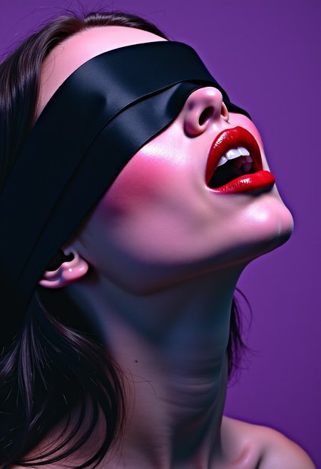 A captivating cinematic illustration features a woman with a black blindfold, partially covering her face. Her tilted head and open mouth exude an intense, seductive exposure. Her vibrant red lips contrast against the intense purple background, creating a sense of seduction and passion. This conceptual art piece captures the essence of desire and mystery, as if it's a still from a dramatic, cinematic scene., cinematic, illustration, painting, conceptual art