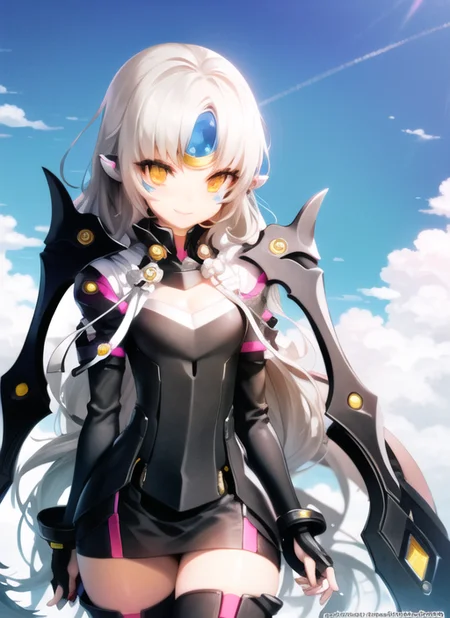 <lora:eve2-000008:1>, nemesis1, upper body, smile, outdoors, simple background, sky, day,