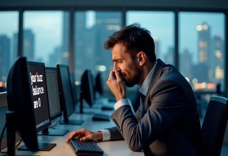 a man  crying, sad feeling, shed tears, when he check his balance in his PC. man wearing haggard suit, in monitor screen displayed text "your buzz balance are 0", background in crowded office, high rise office,large windows, many computer screen, back views