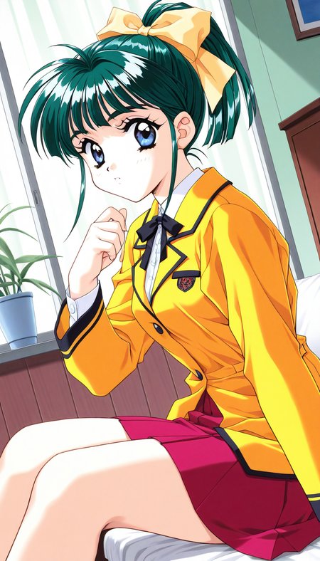 masterpiece, best quality, good quality, <lora:IijimaMiyuki_IS:1>IijimaMiyuki, 1girl, solo, green hair, short hair, ponytail, blue eyes, Yellow bow, hair bow, bangs, breasts,1990s (style),kadoi aya style, BREAK,
sitting, skirt, dutch angle, bow, jacket, long sleeves, looking at viewer, short hair,
Yellow blazer, room,