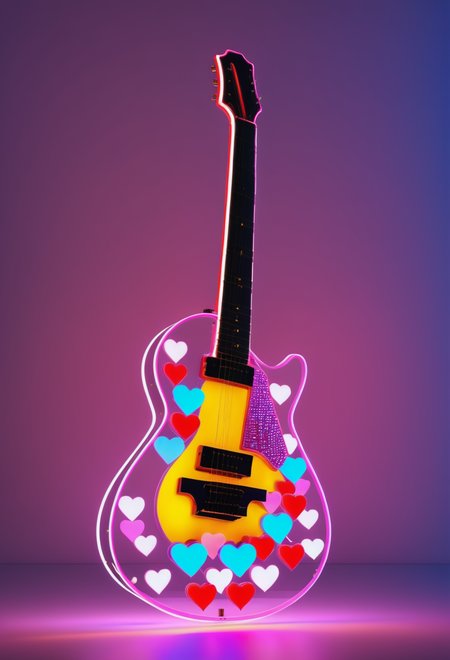 a guitar made out of reij-trnsprnt filled with reij-hrts light by reij-glow <lora:heartglow-000006:1>