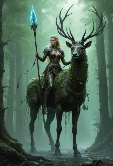 A stunning, ethereal depiction of a single wood elf Sister of the Thorn with blonde hair from Warhammer Fantasy, poised gracefully on her giant war stag with large antlers, the stag antlers glow with blue runes,  She wears a form-fitting, vine-wrapped armor  Her expression is calm yet fierce with a piercing gaze. In one hand, she holds an intricately crafted spear, its tip radiating with arcane energy, while her other hand gently guides her enchanted steed. The background is a mystical, ancient forest, bathed in a soft, green glow, with mist weaving through the towering trees. The atmosphere captures the harmony between magic and nature, with the Sister's serene beauty and deadly power on full display.
Hyper detailed in the artistic styles of Adrian Smith, Mark Gibbons, and Paul Dainton
highly detailed background <lora:artisketchyfs-v02:0.75>