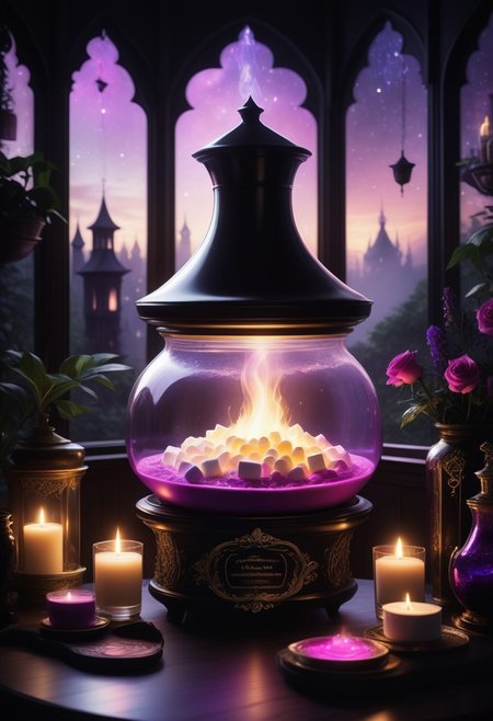 a happy giant marshmallow,brewing a potion in a reij-mg alchemist room, silhouette, ambient light, nature art, hexagonal , with awning embroidery, spring garden, Hurricane, Sketched, mosaic, Sepia filter, organic, detailed, deep rich colors, fine detail, luxury, cinematic, positive emotional, dark ambient light