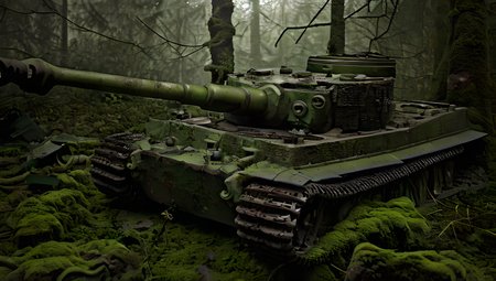 close-up of an abandoned old tiger tank in the forest, 35mm lens, from above, covered by a thick layer of moss, rusty, flat tires, broken glass and headlights, wet, moist, warm light shining through the trees, godrays, atmospheric, misty, foggy, creepy, thick vegetation, highly detailed, realistic, 8k, masterpiece,  <lora:Tiger_Tank:1>