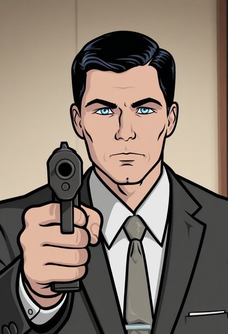 masterpiece,best quality,amazing quality, 
sterlingarche, 1boy, male focus, solo, blue eyes, black hair, shirt, white shirt, collared shirt, necktie, grey necktie, jacket, black jacket, holding gun, aiming, looking at viewer,