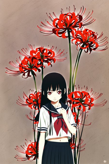 Enma Ai, 1girl, flower, solo, long hair, spider lily, skirt, school uniform, red eyes, black hair, serafuku, pleated skirt, navel, black skirt, bangs, short sleeves, neckerchief, red flower, looking at viewer, midriff peek, sailor collar, closed mouth, red neckerchief, shirt, blunt bangs, hand up, white shirt, midriff, standing,
<lora:JigokuShoujo_XL_v2:0.8>,
