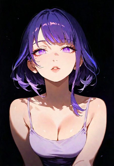 1girl, Raiden Shogun (Genshin Impact), lips, thin lips, parted lips, solo, looking at viewer, camisole, upper body, dark, underlightling, masterpiece, best quality, very aesthetic, purple hair, bob haircut,