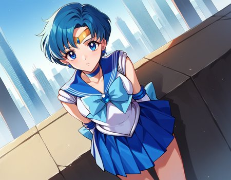 score_9, score_8_up, score_7_up, source_anime,
sailormercury, <lora:sailor-mercury-ponyxl-lora-nochekaiser:1>
sailor mercury, blue eyes, blue hair, short hair, parted bangs,
back bow, blue bow, blue choker, blue sailor collar, blue skirt, bow, choker, earrings, gloves, jewelry, magical girl, miniskirt, pleated skirt, sailor collar, sailor senshi uniform, skirt, stud earrings, tiara, sleeveless,
outdoors, cityscape, bent over,
looking at viewer, cowboy shot, dutch angle,