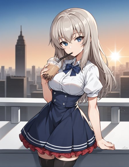 score_9, score_8_up, score_7_up, source_anime, rating_safe, BREAK <lora:erikaItsumiXL_LoRA-C3Lier_AdamW_Dim8_Alpha8_UN-3e-4_TE-1.5e-4_10batch_ponyDiffusionV6XL_v6StartWithThisOne:1>, itsumi erika, 1girl, blue eyes, grey hair, long hair, medium breasts, dress shirt, short sleeves, frilled skirt, black thighhighs, expressionless, happy, standing, drinking straw,bubble tea, looking at viewer, looking up, city, cityscape, sunlight, lens flare, sunset, gradient sky