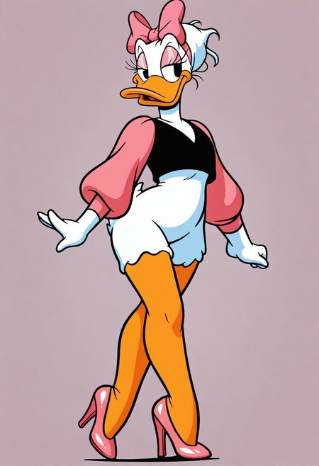masterpiece, best quality, amazing quality, very aesthetic, high resolution, ultra-detailed, absurdres, 1girl, solo, daisyduck, white plumage, white feathers, orange legs, messy hair, updo, short hair, wispy_bangs, pink ribbon, puffy sleeves, short pink sleeves, black shirt, pink stiletto heels, retro art style, 1990's style,