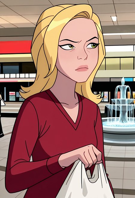 masterpiece, best quality, amazing quality, very aesthetic, absurdres, newest, ((screencap, parody, cartoon))
sandraten, blonde hair, 1girl, green eyes, lips,
 red shirt, long sleeves, makeup, v-neck
expressive face, 
shopping, holding plastic bag, shopping mall background, pointing, looking to side, fountain, mall