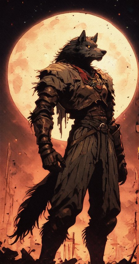 score_9, score_8_up, score_7_up, score_6_up, score_5_up, score_4_up, 
 <lora:Retro_Anime_PONY:.7>
a giant werewolf standing in front of a full moon, armor on arms, bloodborne, furry art,  retro anime, textured