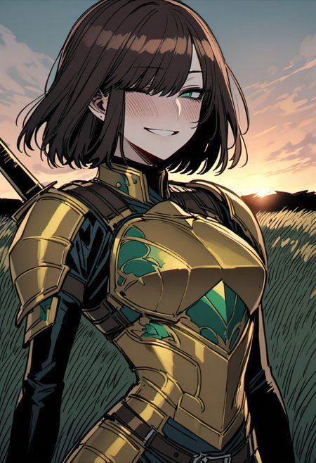 ratatatat74, 1girl, adult, tall girl, (short hair, dark dark brown hair), side-swept hair, straight hair, highly detailed, high quality, detailed face, jade green eyes, detailed eyes, slim body, holding a flower
BREAK
yellow chrome armor, light armed, yellow chrome breast plate, sword belt
BREAK 
happy face, smiling brightly, closed eye smile, laughing, blush, facing the viewer
BREAK 
outdoors, green grass field, sunset, breeze, windy