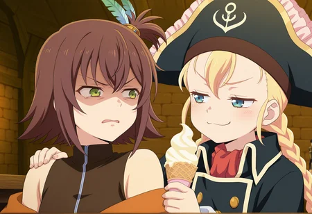 anime screencap, anime coloring, 2girls, indoors, tavern, portrait, upper body, 1girl, hort hair, brown hair, side ponytail, feather hair ornament, green eyes, sleeveless, vest, off shoulder, sash, disgust, looking at another, hand on shoulder  <lora:Nan_tof_Vesperia_r1:0.8>
BREAK
anime screencap, anime coloring, 2girls, fighting, indoors, tavern, 1girl, blue eyes, twin braids, blonde hair, sidelocks, pirate hat, ascot, coat, binoculars, holding ice cream cone, offering to another, looking at another, smug, half-closed eyes, hand on another's shoulder <lora:Patty_Fleur:0.8>, masterpiece, best quality, amazing quality, very aesthetic, absurdres, highres, newest