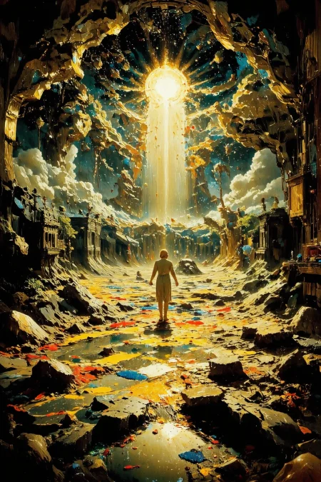 heavens, laboratory, beautiful surreal landscape, female angel with wings, bright light, paint stains in the water, vivid colors, colorful, multilayer paint splash style, <lora:Hand v2:1> <lora:Anti-Blur:1> <lora:Insane Detail Slider:0.5>   <lora:Flux.1_Turbo_Detailer:0.6>   <lora:flux-photo-transparent_Alpha_1.0:0.8> <lora:flux.1_lora_flyway_Epic-detail_v2:1>   <lora:Painterly01b_CE_FLUX_AIT:0.8> pntrlyCE_style <lora:PsykeV1:1>  <lora:VividlySurreal:1>