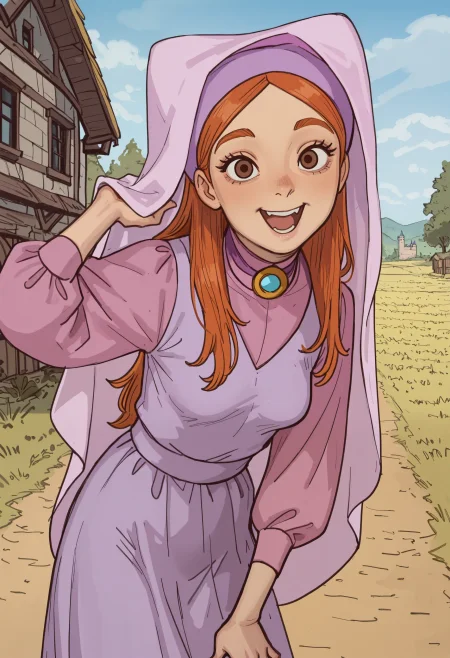 marianh, flat color, 1girl, solo, human, female, ginger hair, long hair, brown eyes, from front, cowboy shot, standing, pink wimple, broochc, purple dressc, pink chemisec, looking at viewer, happy, excited, posing, wimple, open smile, leaning forward, medium breasts, field, town, outdoors, castle, landscape, beautiful lighting, sunbeam,
, mossa-40k, <lora:mossacannibalis_40k_style_illustrious:1>   <lora:Marian v10:0.9>