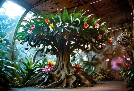 Photograph, masterpiece,best quality, of An astonishing award winning, art installation, the interior of an incredible starship, poly acrylic resin molded tree sculptures, fake plastic flowers, 1970s Brazilian Tropicalia retrofuturism, in the style of Pipilotti Rist, complex shadows, retro, science fiction style
