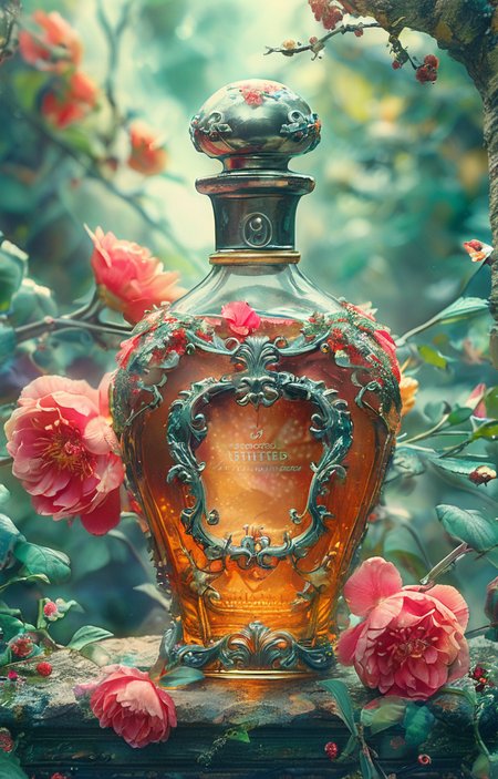 masterpiece,best quality,<lora:tbh168-sdxl:1>,illustration,style of Matthias Haker, A bottle of perfume in garden