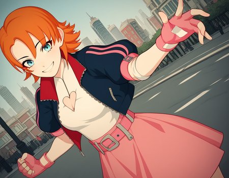score_9, score_8_up, score_7_up, source_anime, <lora:nora-valkyrie-ponyxl-lora-nochekaiser:1>, nora valkyrie, blue eyes, medium hair, orange hair,, skirt, shirt, gloves, jacket, short sleeves, open clothes, puffy sleeves, belt, fingerless gloves, open jacket, puffy short sleeves, clothing cutout, cleavage cutout, pink skirt, pink gloves, heart cutout, cityscape, street, bent over, smile, looking at viewer, solo, cowboy shot, dutch angle