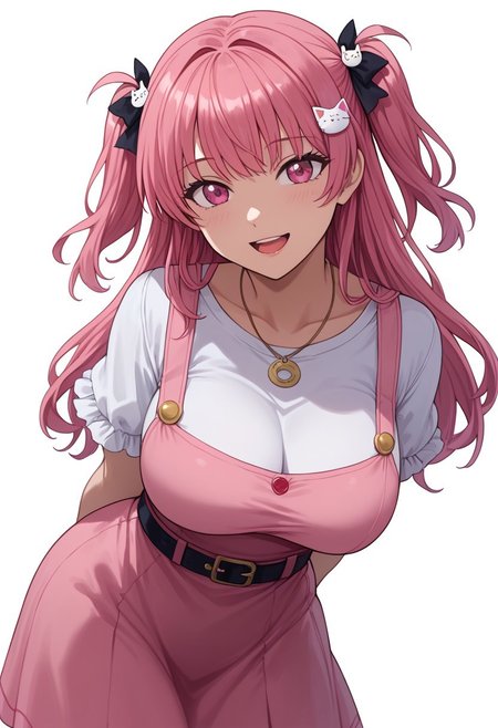 score_9, score_8_up, score_7_up,4k, source_anime,masterpiece,mogudan,best quality,,amazing quality,large breast,Nanamihiro3, 1girl, solo, long hair, looking at viewer, smile, open mouth, simple background, shirt, hair ornament, white background, dress, ribbon, jewelry, white shirt, pink hair, belt, pink eyes, necklace, dated, two side up, leaning forward, arms behind back, pink dress, pinafore dress, cat hair ornament