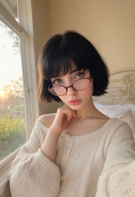 score_9, score_8_up, score_7_up, score_6_up, 1girl, perfect face, cute, bob cut hair, black hair, shy pouty, spring morning sun through window, cozy cottage, (Stable_Yogis_PDXL_Positives, librarian glasses,  (wide hips:0.8), thick plump bubblebutt, (feminine), (full thick lips),