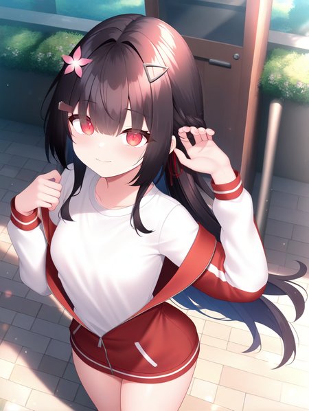 masterpiece,best quality,amazing quality,very aesthetic,absurdres,newest,scenery,<lora:Hanako_ilxl_v1-000010:0.8>,hanako,1girl,hair ornament,long hair,black hair,red eyes,solo,hair flower,pink flower,red eyes,looking at viewer,standing,outdoors,track jacket,smile,from above,small breasts,