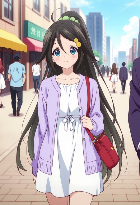 anime screencap, masterpiece, best quality,
<lora:MusaigenNoPhantomWorld_IzumiReina_IlluXL:0.9>,
1girl, solo, closed mouth, light smile, blush,
high ponytail, long hair, hair between eyes, ahoge, black hair, blue eyes, hairclip, hair scrunchie, green scrunchie,
open cardigan, purple cardigan, short dress, white dress, shoulder bag, red handbag,
walking, looking at viewer,
street, city, people, day, solo focus, blurry background