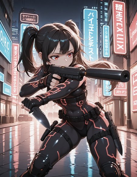 1girl, twin tails, black hair, red eyes, long hair, midriff, bodysuit, circuit tattoo, pistol_x_tac_knife, holding pistol and knife, combat knife, finger on trigger, aiming, black fingerless gloves, silencer, <lora:pistol_x_tac_knife_v1.0-000010:0.9>, cyberpunnk, city, outdoor, night, neon lights,  <lora:circuit_tattoo:0.5>