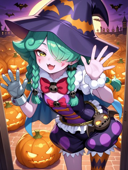 abyss actor - leading lady,1girl,solo,hair over one eye,smile,:3,open mouth,facial mark,purple skin,skull hair ornament,purple witch hat,bat bag,red bow,purple dress,purple bloomers,single glove,single legwear,single wrist cuff,bat earrings,blue cape,jack-o'-lantern bat \(animal\),half-closed eye,naughty face,leaning forward,waving,
masterpiece,best quality,amazing quality,very aesthetic,absurdres,newest,<lora:Abyss Actor - Leading Lady illusXL v1.2:0.72>,