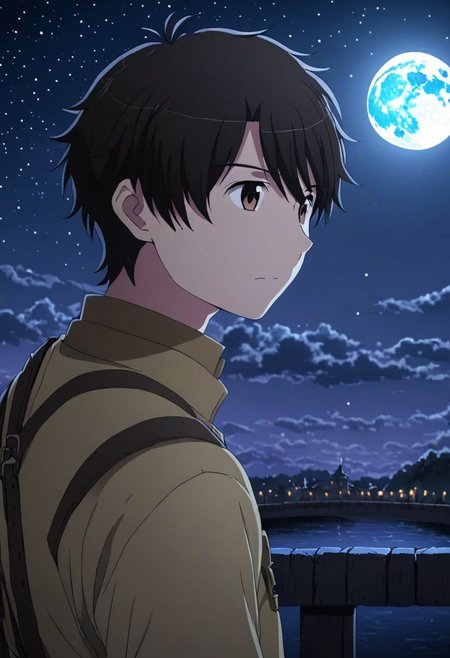 high resolution, solo, best quality, 1Boy, Inaho Kaizuka, Black Hair, Brown Eyes, depth of field, moon, fantastic night, dreamlike, midle of bridge, OverallDetail